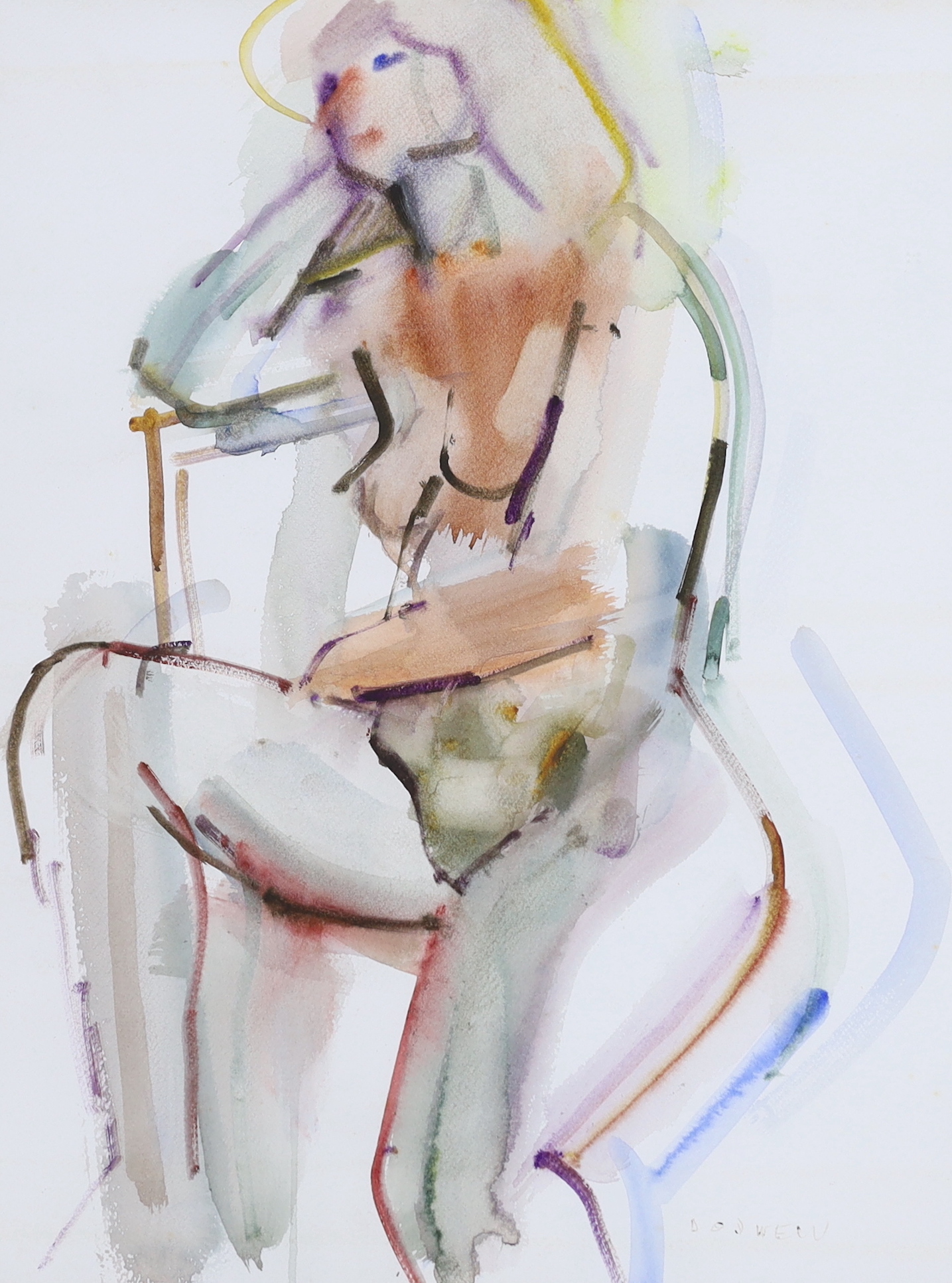 Samuel Dodwell (1909-1990), ink and watercolour, Seated female nude, signed, details verso, 49 x 38cm